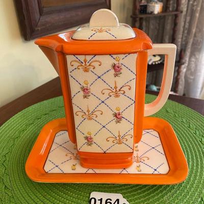 Vintage Orange Porcelain Teapot and Tray