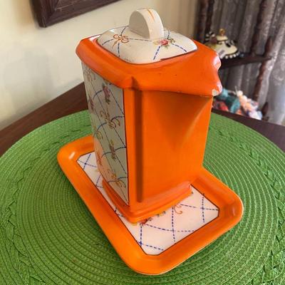 Vintage Orange Porcelain Teapot and Tray