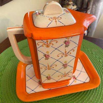 Vintage Orange Porcelain Teapot and Tray