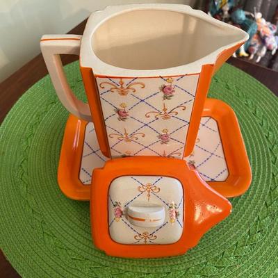Vintage Orange Porcelain Teapot and Tray