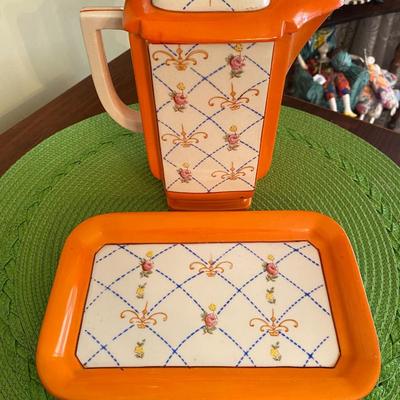 Vintage Orange Porcelain Teapot and Tray