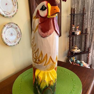 Large Colorful Hand Carved Wood Rooster / Chicken