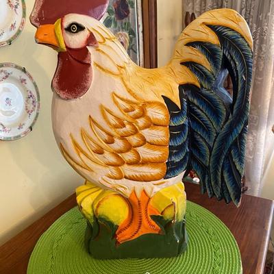Large Colorful Hand Carved Wood Rooster / Chicken
