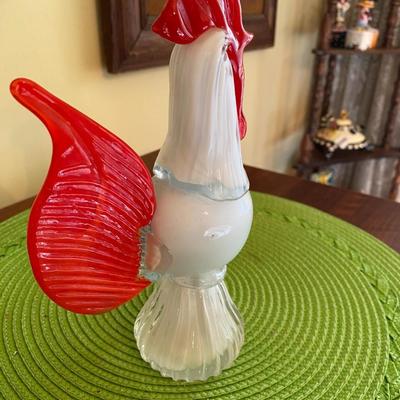 Fun pair of Vintage Murano Red and White Art Glass Chickens / Roosters