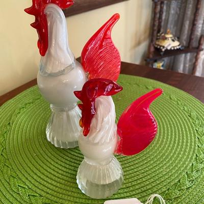Fun pair of Vintage Murano Red and White Art Glass Chickens / Roosters