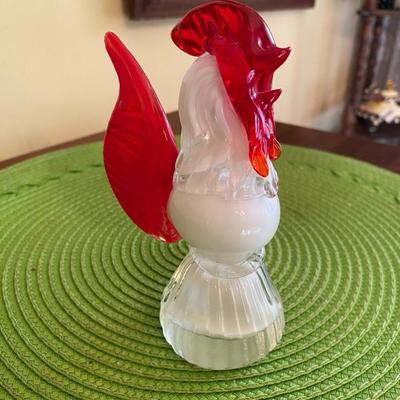 Fun pair of Vintage Murano Red and White Art Glass Chickens / Roosters