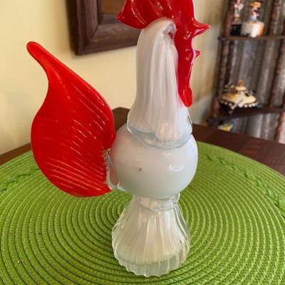 Fun pair of Vintage Murano Red and White Art Glass Chickens / Roosters