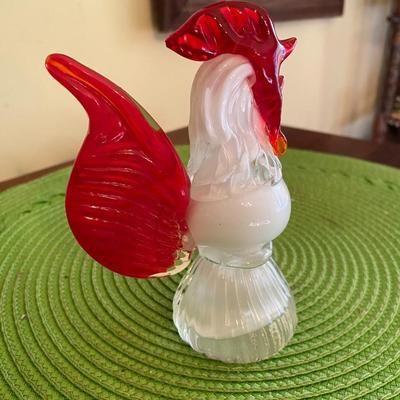 Fun pair of Vintage Murano Red and White Art Glass Chickens / Roosters