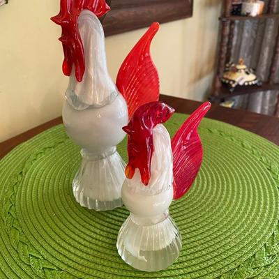 Fun pair of Vintage Murano Red and White Art Glass Chickens / Roosters