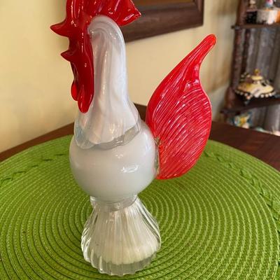 Fun pair of Vintage Murano Red and White Art Glass Chickens / Roosters