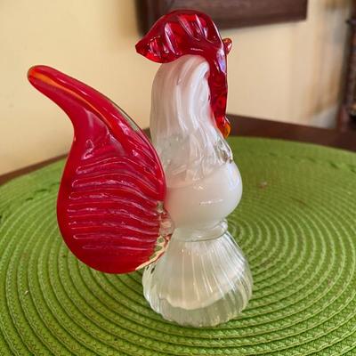 Fun pair of Vintage Murano Red and White Art Glass Chickens / Roosters