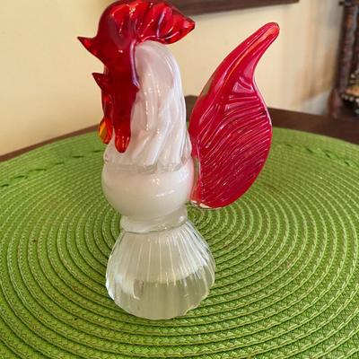 Fun pair of Vintage Murano Red and White Art Glass Chickens / Roosters
