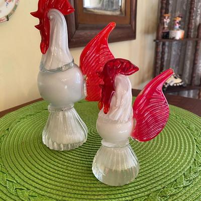 Fun pair of Vintage Murano Red and White Art Glass Chickens / Roosters