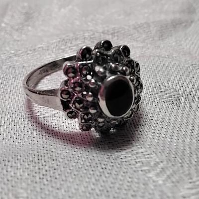Absolutely Beautiful Onyx And Marcasite 925 Ring  Size 9