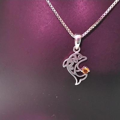 Unique Dolphin With Gorgeous Citrine 18" 925 Italian Necklace