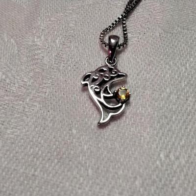 Unique Dolphin With Gorgeous Citrine 18" 925 Italian Necklace