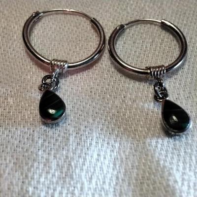 Beautiful Malachite Drop 925 Hoop Earrings