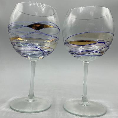 Pair of Art Glass Stained Glass Blue Gold MCM Drinking Wine Vino Goblets