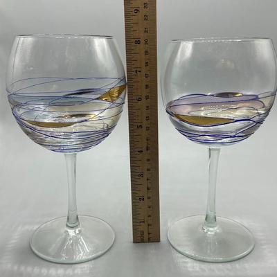Pair of Art Glass Stained Glass Blue Gold MCM Drinking Wine Vino Goblets