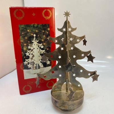 Silver Plate Musical Metal Wind Up Christmas Tree with Hanging Stars