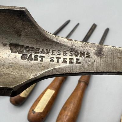 Antique Lot of WM Greaves & Sons Sheafworks Cast Steel Carpenter Chisel Gouges