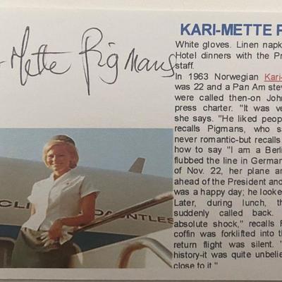 JFK Press Plane Pan Am Stewardess Kari-Mette Pigmans Signed Commemorative Card
