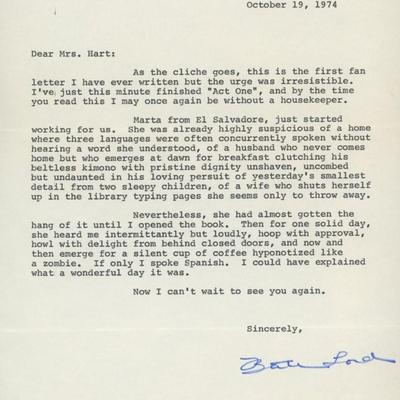 Bette Lord signed letter