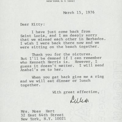 Lillian Hellman signed letter