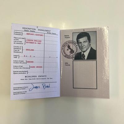 James Bond Roger Moore film passport prop 