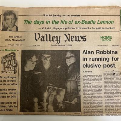Valley News 1980 newspaper announcing John Lennon's death 