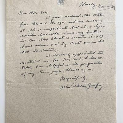 WWII British Military John Warren Godfrey Signed Hand Written Note