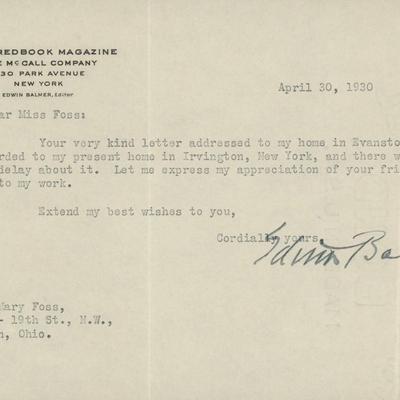Personal note signed by Edwin Balmer