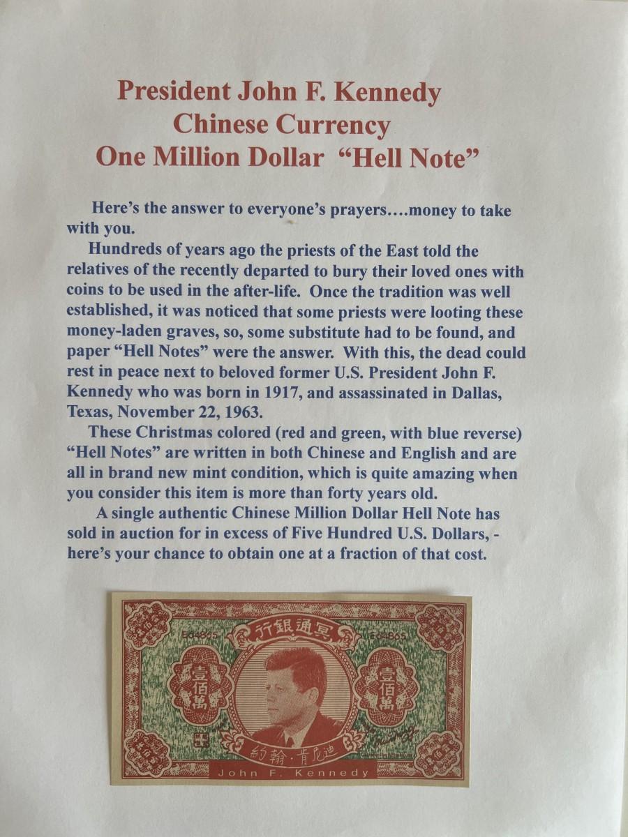 John F. Kennedy Authentic Chinese Hell Note | EstateSales.org