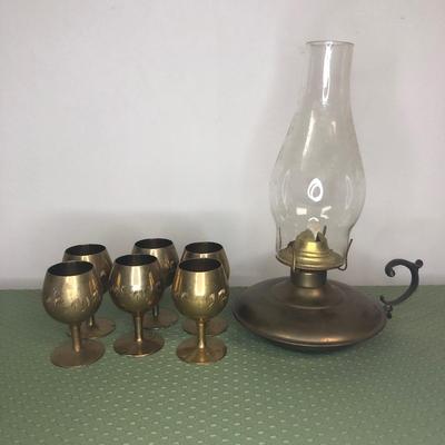 LOT13M: Oil Lamp & Miniature Brass Goblets