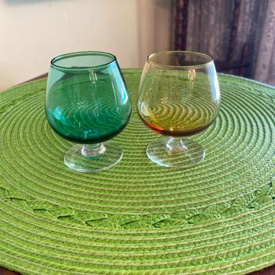 Midcentury Green and Amber Glass Cordials Barware