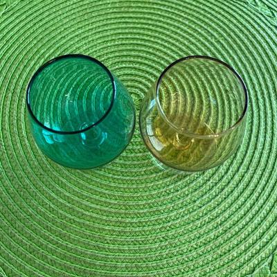 Midcentury Green and Amber Glass Cordials Barware