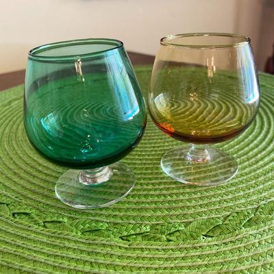 Midcentury Green and Amber Glass Cordials Barware