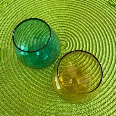 Midcentury Green and Amber Glass Cordials Barware