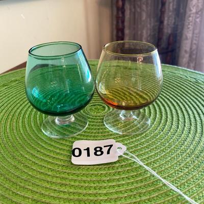 Midcentury Green and Amber Glass Cordials Barware