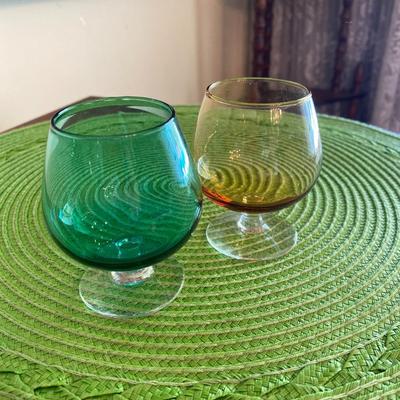 Midcentury Green and Amber Glass Cordials Barware