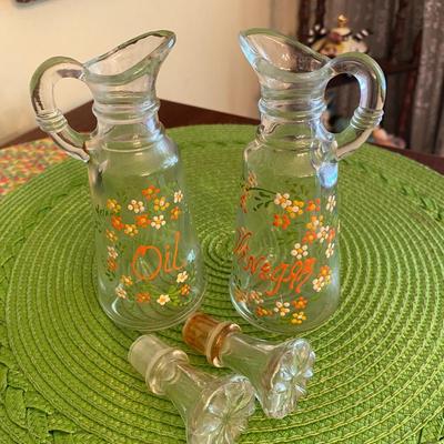 Vintage Hand Painted Glass Oil and Vinegar  Set