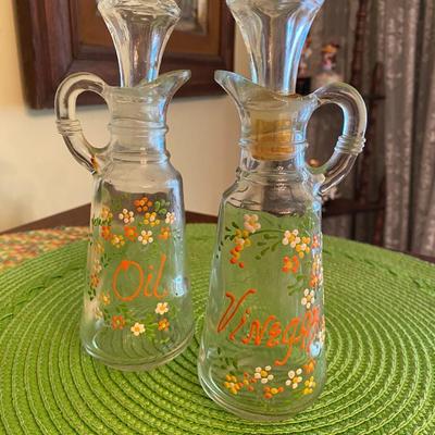 Vintage Hand Painted Glass Oil and Vinegar  Set