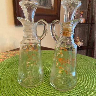 Vintage Hand Painted Glass Oil and Vinegar  Set