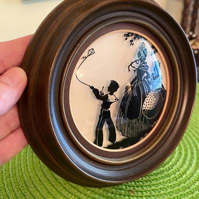 Victorian Silhouette  Reverse Painting on Convex Glass Boy with Kite