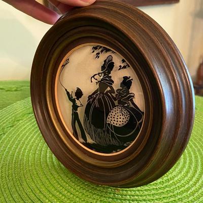 Victorian Silhouette  Reverse Painting on Convex Glass Boy with Kite