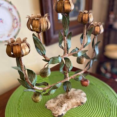 Vintage Italian 5 Arm Toleware Candelabra Centerpiece w Flower Buds, Leaves and Apples