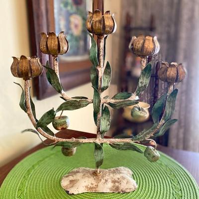 Vintage Italian 5 Arm Toleware Candelabra Centerpiece w Flower Buds, Leaves and Apples