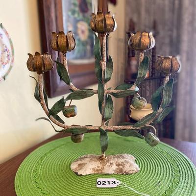 Vintage Italian 5 Arm Toleware Candelabra Centerpiece w Flower Buds, Leaves and Apples