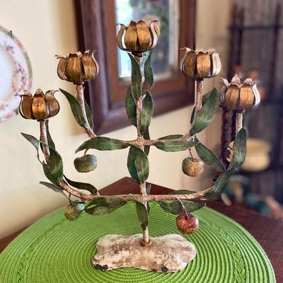 Vintage Italian 5 Arm Toleware Candelabra Centerpiece w Flower Buds, Leaves and Apples