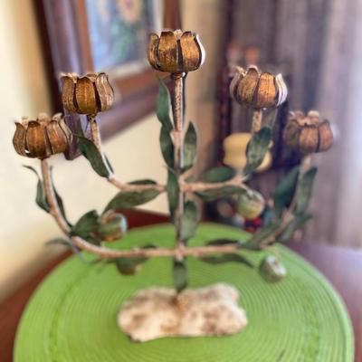 Vintage Italian 5 Arm Toleware Candelabra Centerpiece w Flower Buds, Leaves and Apples
